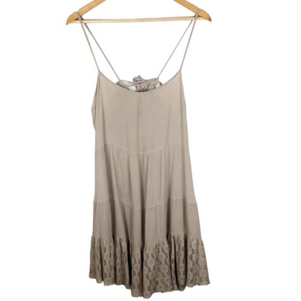 Umgee Boho Tiered Lace Trim Spaghetti‎ Strap Mini Dress Tan